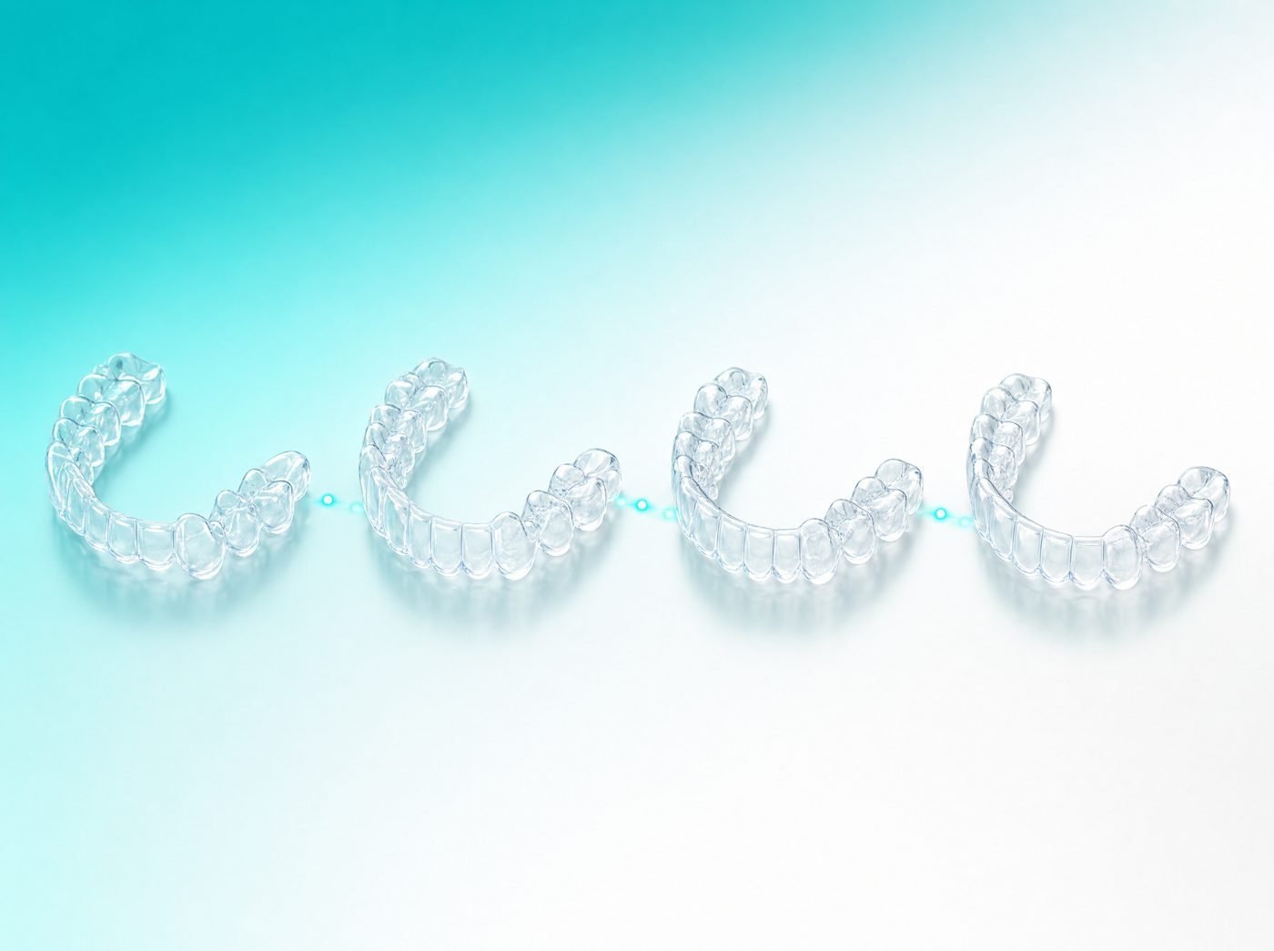 Ilustración de varias fundas transparentes que van colocando los dientes poco a poco